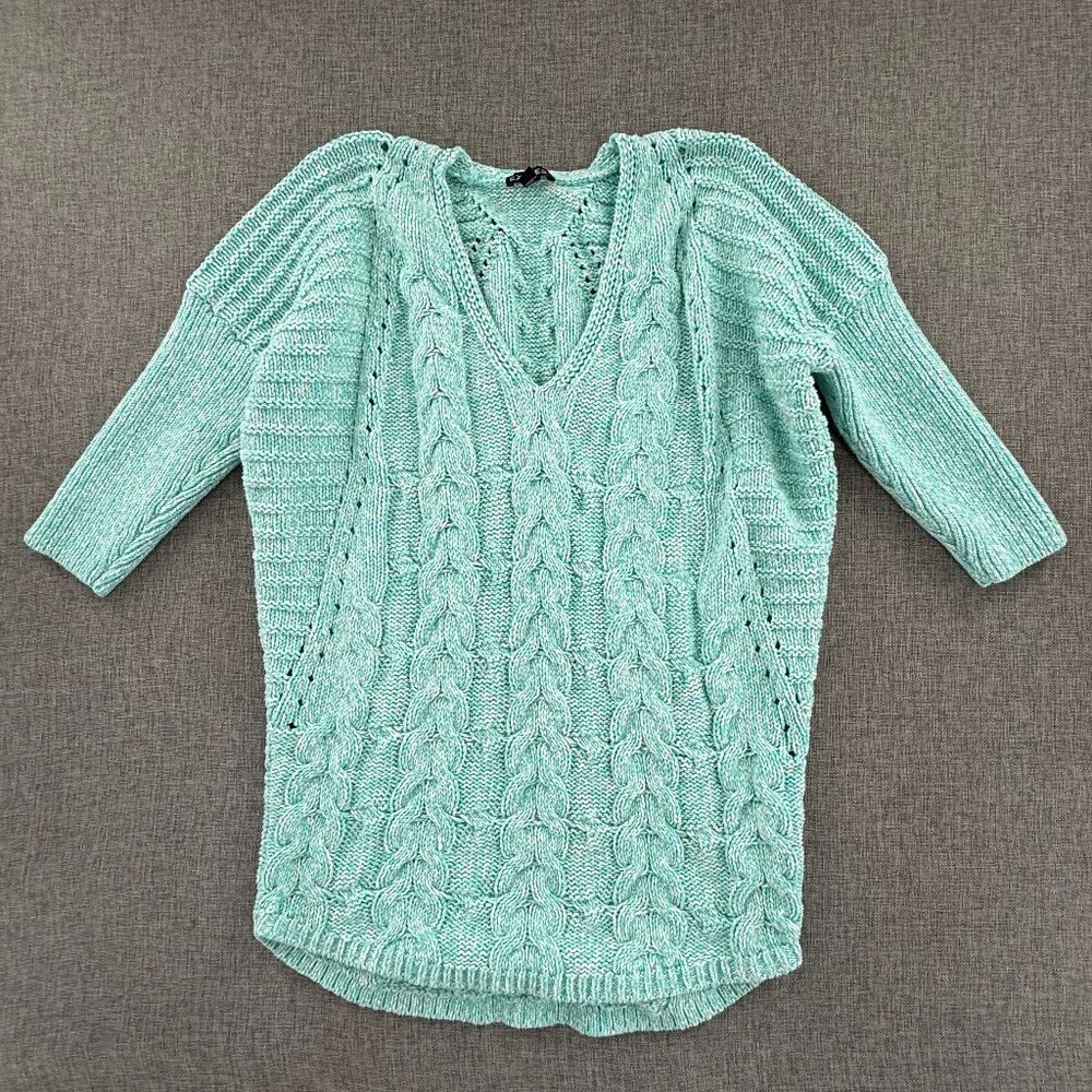 Express Cable Knit Pullover Sweater XS‎ Half Sleeves Cotton Blend Mint Green